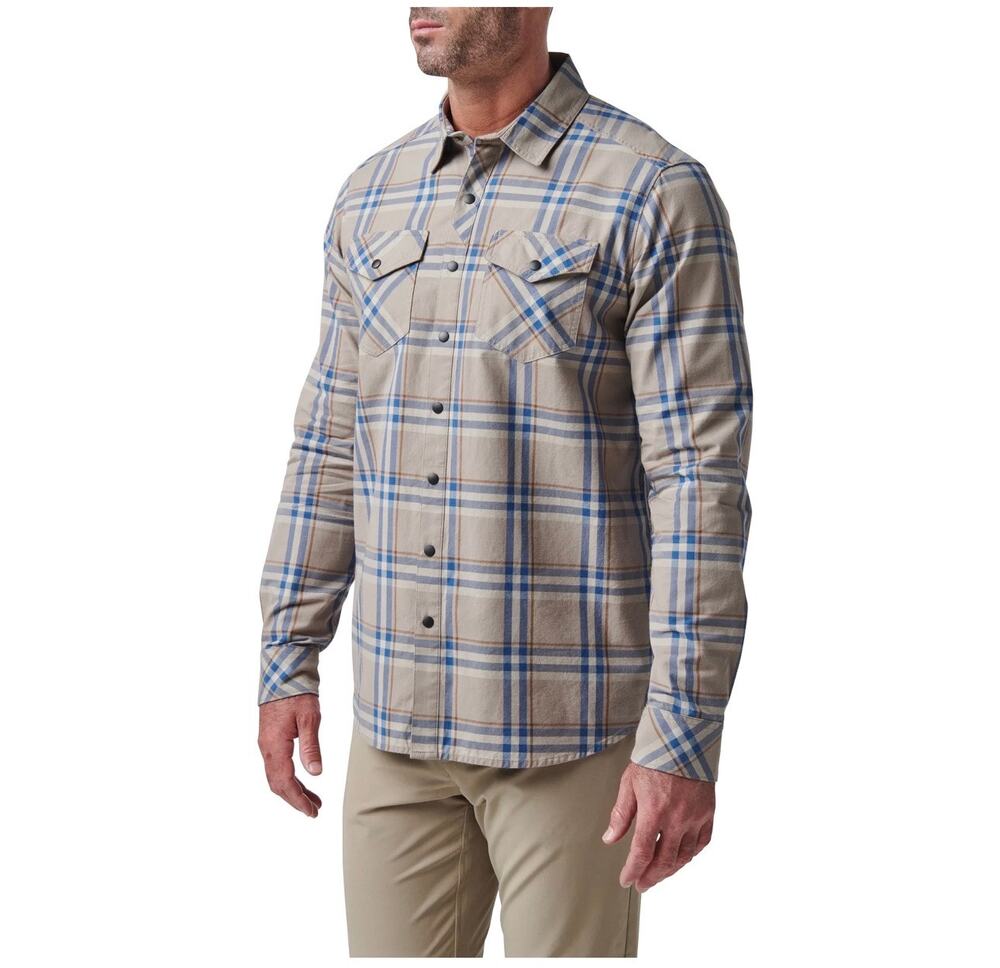 5.11 Tactical Shirt Mens Medium Tan Blue Gunner Plaid Long Sleeve RapiDraw Snap